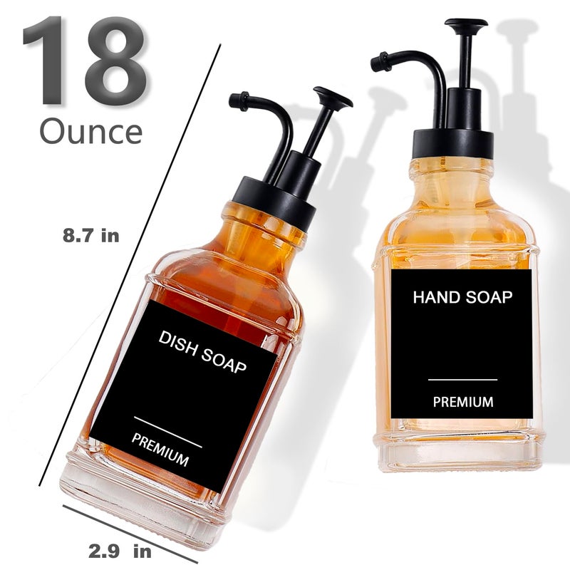 Hoousuper Dish Soap Dispenser for Kitchen, Hand Glass Soap Dispenser Set with Pump, Funnel for Bathroom, Shower, Laundry, Liquid, Lotion (Black 2 Pack 18 Oz Clear Bottles with 12 Stickers) - Image 3